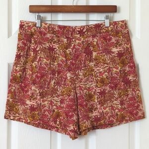 Joie Tropical Printed Linen Blend High Waisted Pull On Soft Shorts Pink Tan XL